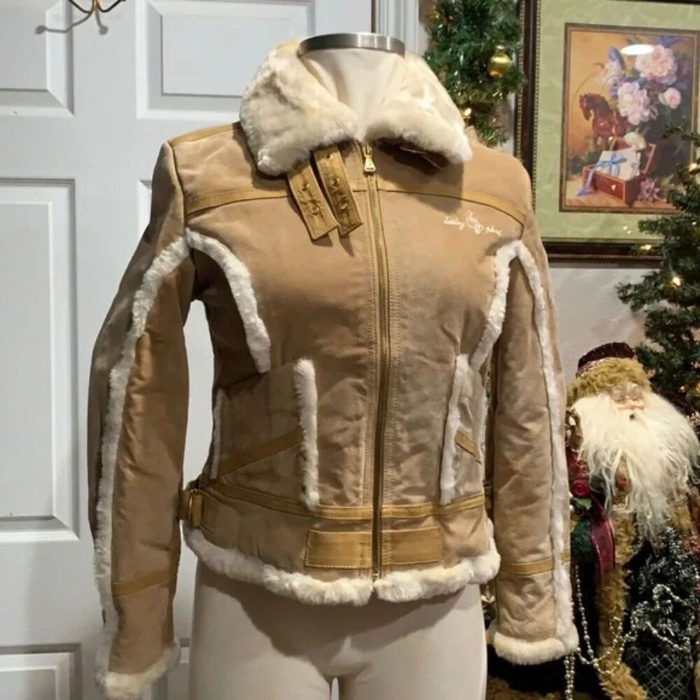 Baby Phat Women’s Tan Faux Shearling Moto Jacket Size M Y2K Cat Logo